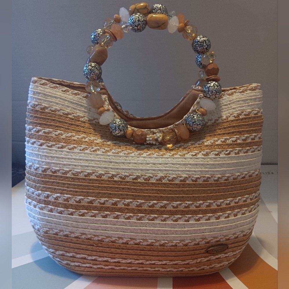 Cappelli Straworld Tan and Ivory Striped Woven‎ Beaded handles Resort-Vacation